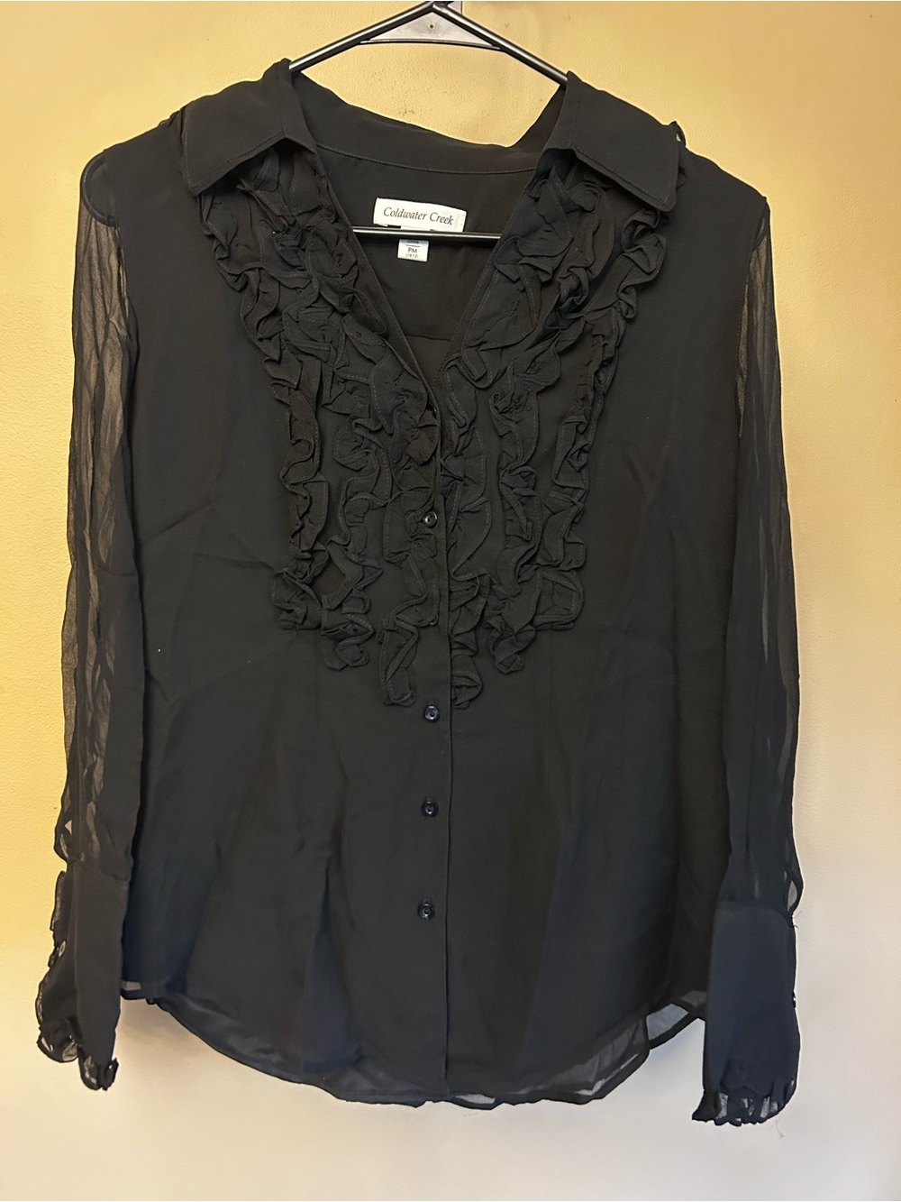 Coldwater Creek Women’s Black Ruffle Front Sheer Blouse Petite Medium